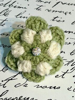 FLORAL BROOCH/PIN Handmade in Soft Green & White Colors with a Rhinestone Center